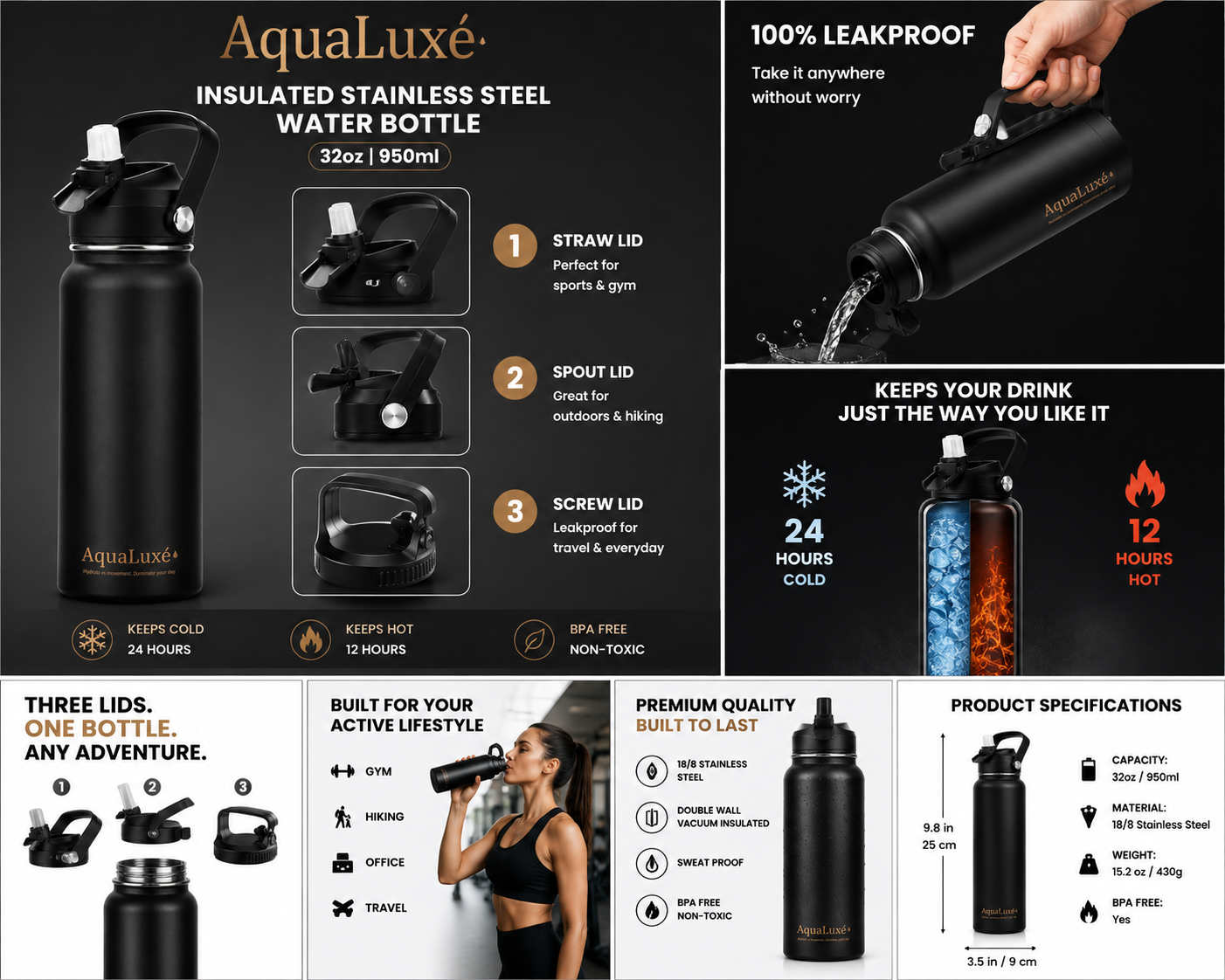 AquaLuxé 750ML Triple Insulated Stainless Steel Water Bottle With 3 Lids included