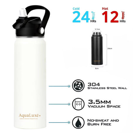Triple insulated 750ML Water bottle 3 lids included AquaLuxé