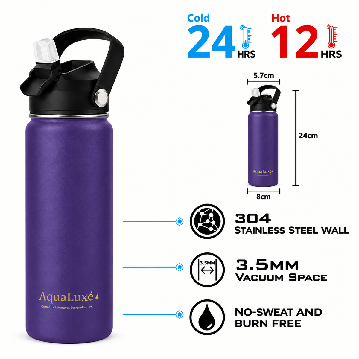 Triple insulated 750ML Water bottle 3 lids included AquaLuxé