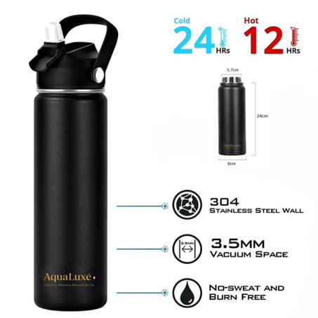 AquaLuxé 750ML Triple Insulated Stainless Steel Water Bottle With 3 Lids included