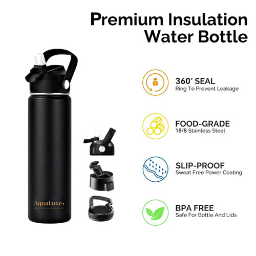 AquaLuxé 750ML Triple Insulated Stainless Steel Water Bottle With 3 Lids included