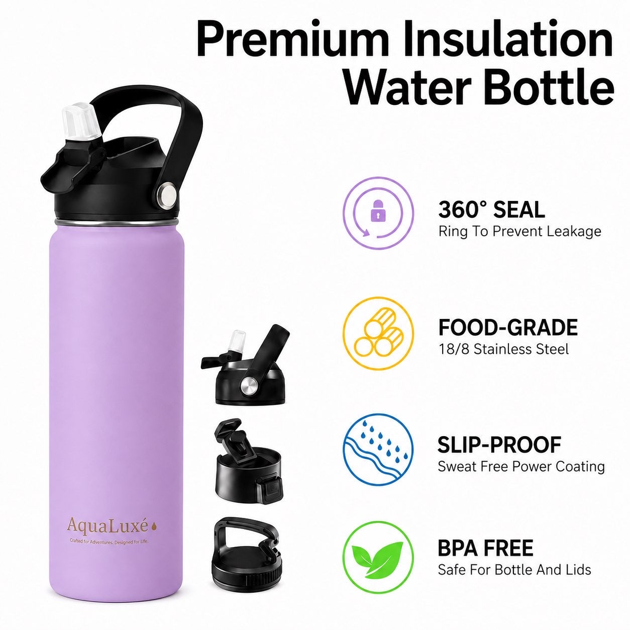 Triple insulated 750ML Water bottle 3 lids included AquaLuxé