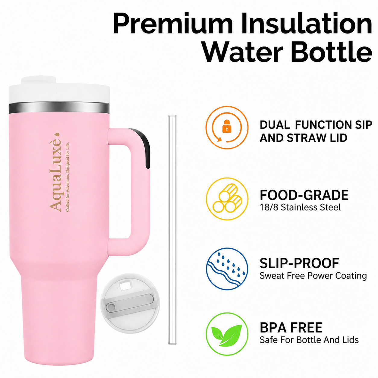 AquaLuxè Premium Insulated Water Bottle 40oz• Stainless Steel • Dual-Function Sip & Straw Lid