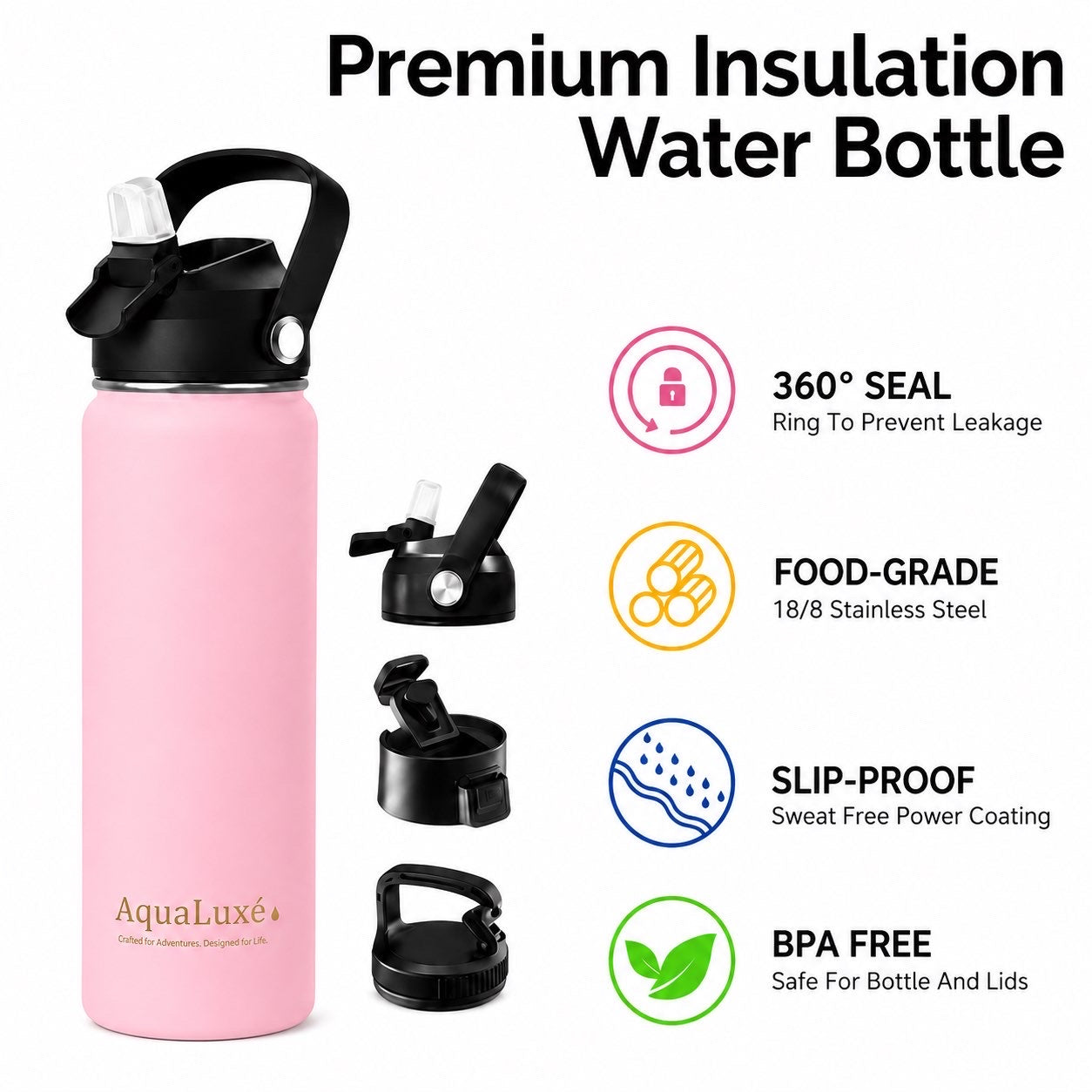 AquaLuxé 750ML Triple Insulated Stainless Steel Water Bottle With 3 Lids included