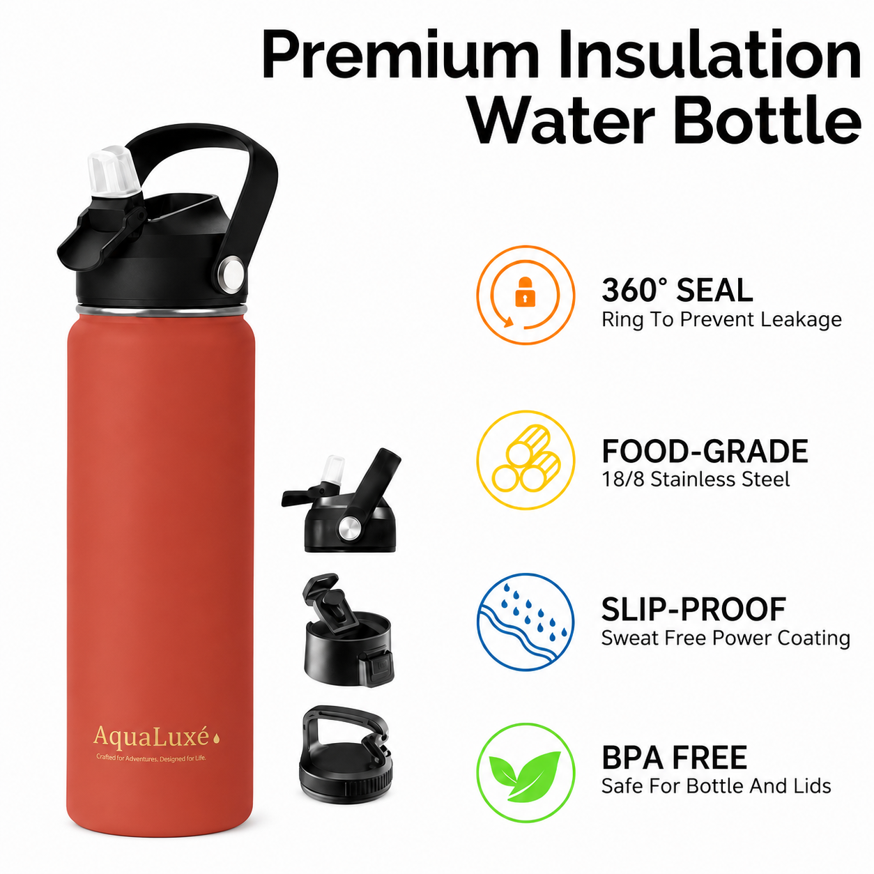 Triple insulated 750ML Water bottle 3 lids included AquaLuxé