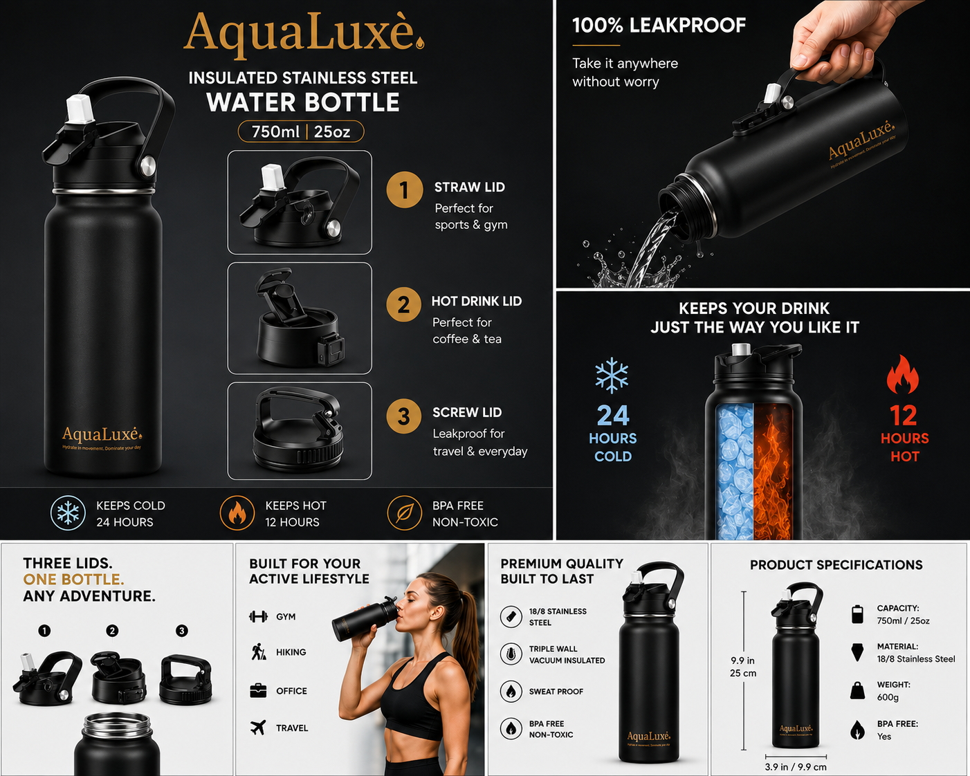 Triple insulated 750ML Water bottle 3 lids included AquaLuxé