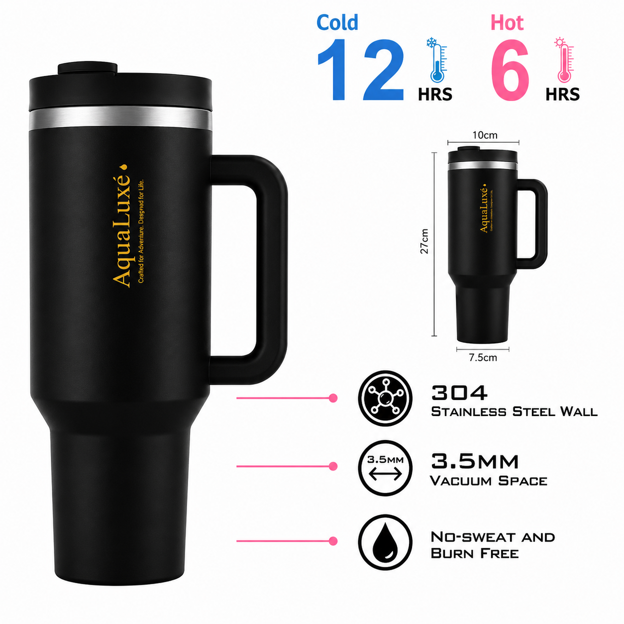 AquaLuxè Premium Insulated Water Bottle 40oz• Stainless Steel • Dual-Function Sip & Straw Lid