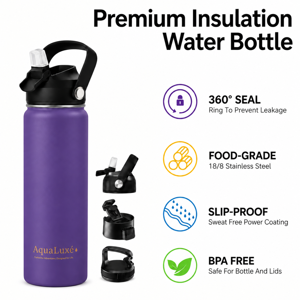 Triple insulated 750ML Water bottle 3 lids included AquaLuxé