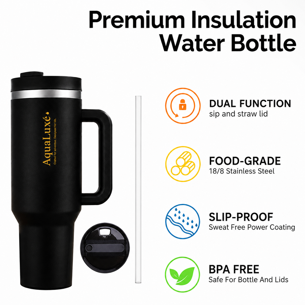 AquaLuxè Premium Insulated Water Bottle 40oz• Stainless Steel • Dual-Function Sip & Straw Lid