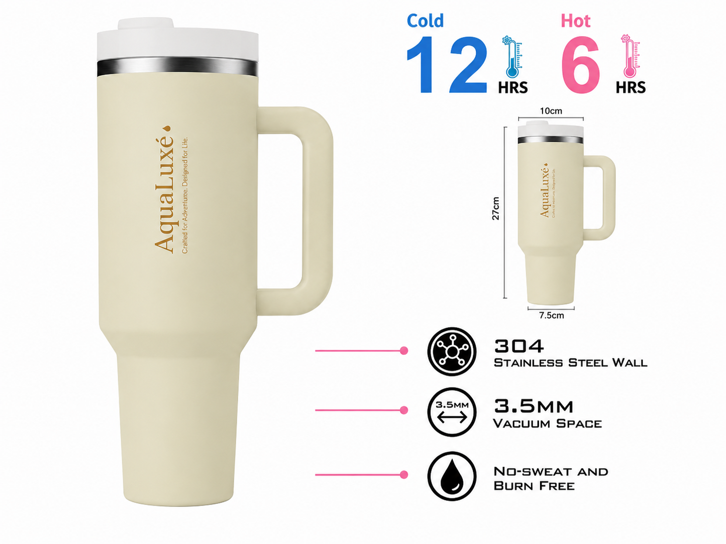 AquaLuxè Premium Insulated Water Bottle 40oz• Stainless Steel • Dual-Function Sip & Straw Lid