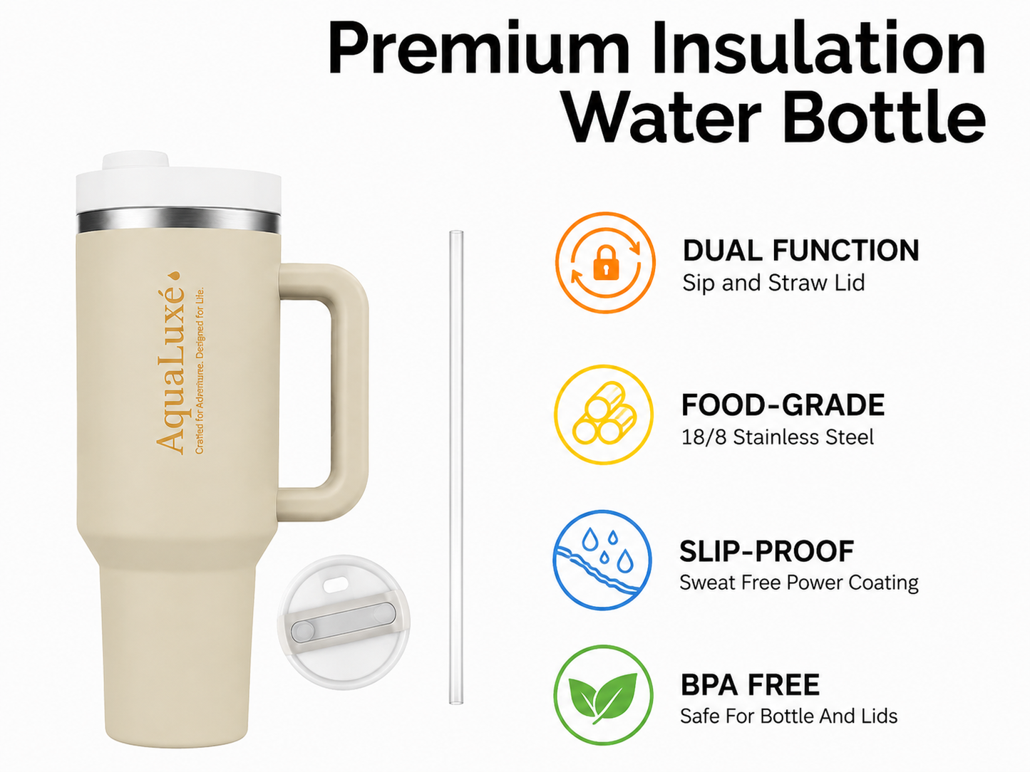 AquaLuxè Premium Insulated Water Bottle 40oz• Stainless Steel • Dual-Function Sip & Straw Lid