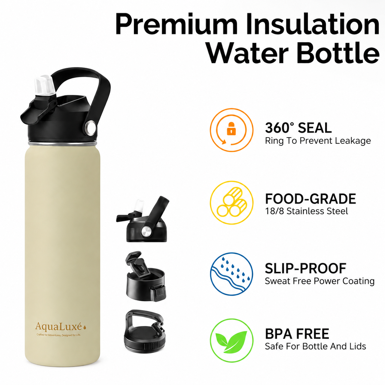 Triple insulated 750ML Water bottle 3 lids included AquaLuxé