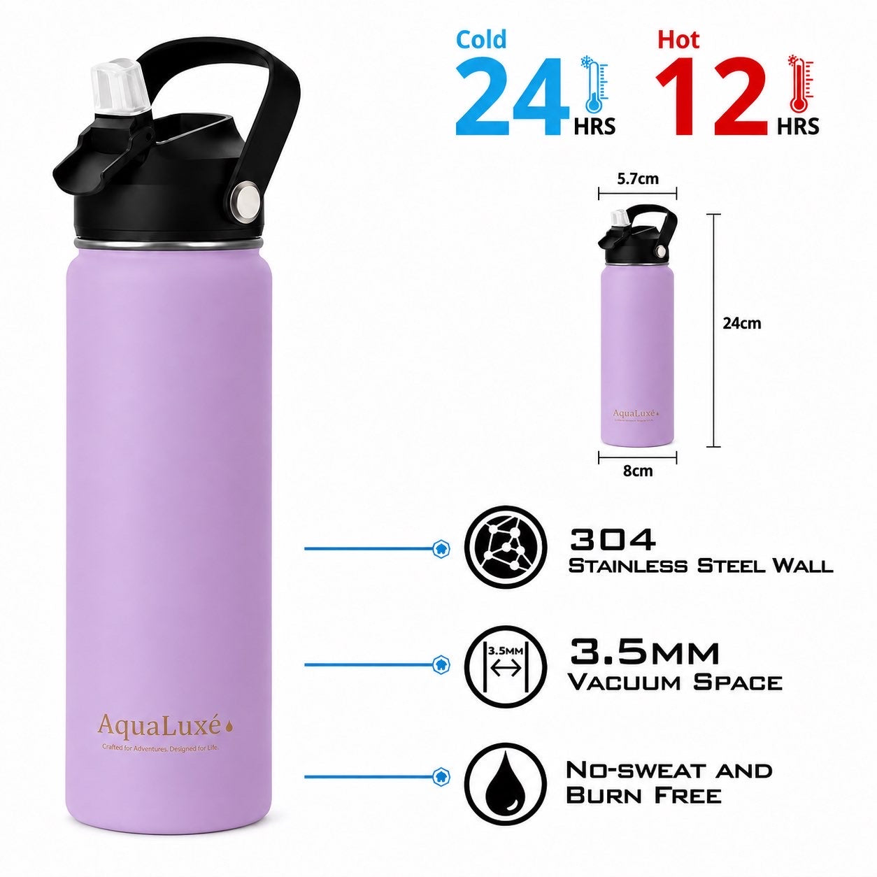 Triple insulated 750ML Water bottle 3 lids included AquaLuxé
