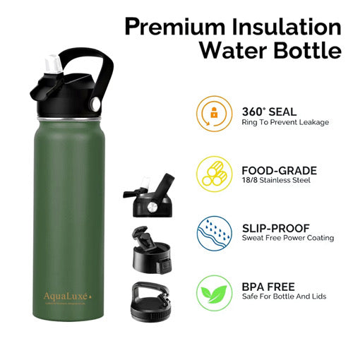 Triple Insulated Stainless Steel Water Bottle 3 Lids Included 750ML