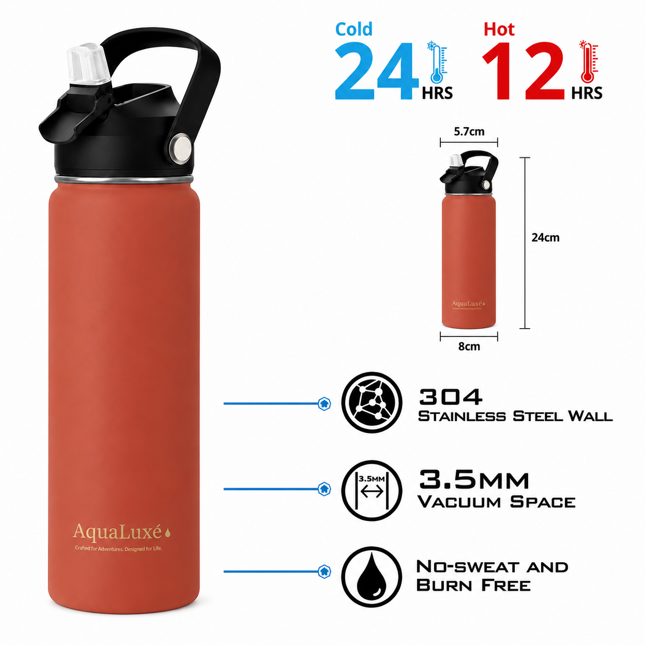 Triple insulated 750ML Water bottle 3 lids included AquaLuxé