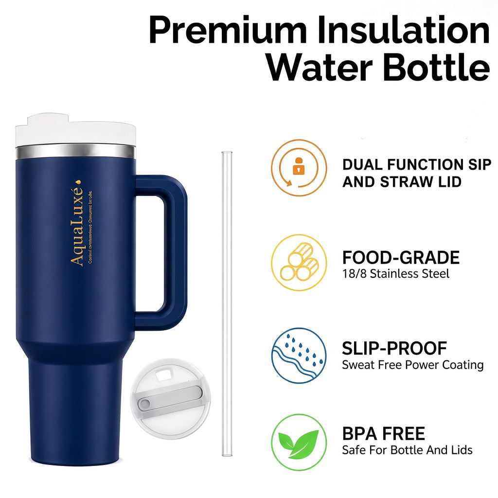 AquaLuxè Premium Insulated Water Bottle 40oz• Stainless Steel • Dual-Function Sip & Straw Lid