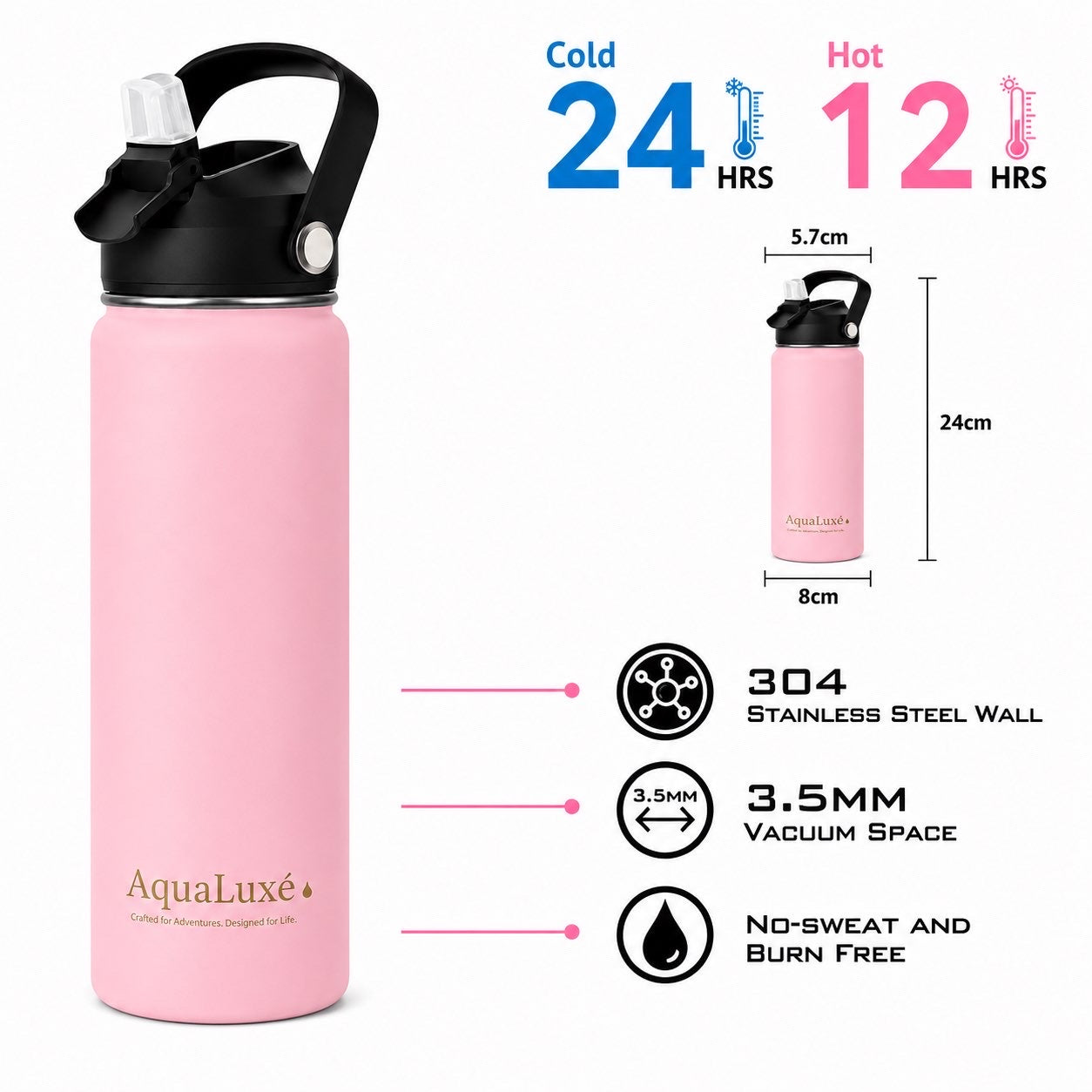 AquaLuxé 750ML Triple Insulated Stainless Steel Water Bottle With 3 Lids included