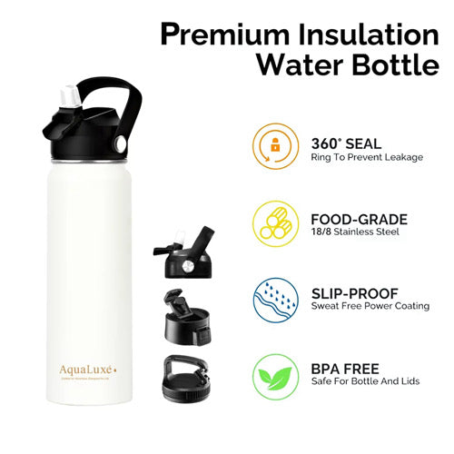 Triple insulated 750ML Water bottle 3 lids included AquaLuxé